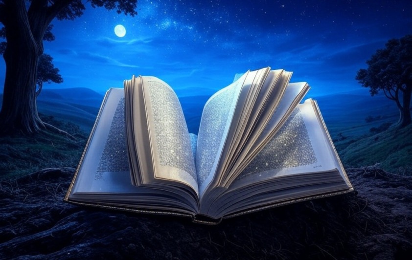 an open book with a starry sky background