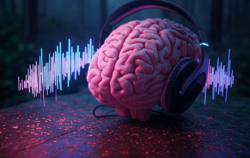 brain with headphones