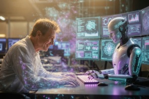 ai and a person sitting at a computer together