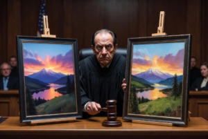 a judge judging a painting and a photograph